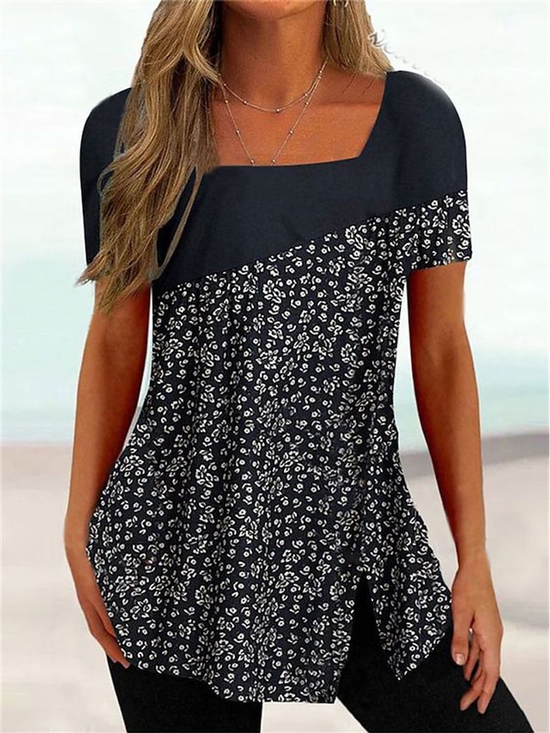 Women's T shirt Tee Black White Pink Floral Striped Print Short Sleeve Casual Holiday Tunic Basic Square Neck Regular Floral Plus Size L