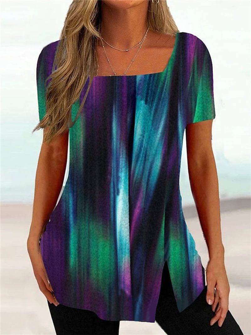 Women's T shirt Tee Black White Pink Floral Striped Print Short Sleeve Casual Holiday Tunic Basic Square Neck Regular Floral Plus Size L