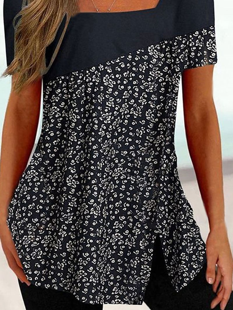 Women's T shirt Tee Black White Pink Floral Striped Print Short Sleeve Casual Holiday Tunic Basic Square Neck Regular Floral Plus Size L