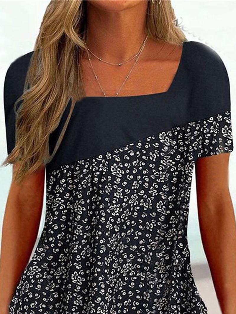Women's T shirt Tee Black White Pink Floral Striped Print Short Sleeve Casual Holiday Tunic Basic Square Neck Regular Floral Plus Size L