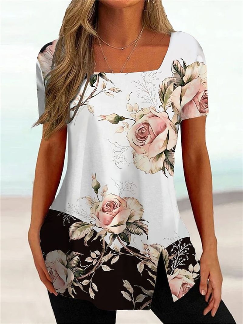 Women's T shirt Tee Black White Pink Floral Striped Print Short Sleeve Casual Holiday Tunic Basic Square Neck Regular Floral Plus Size L