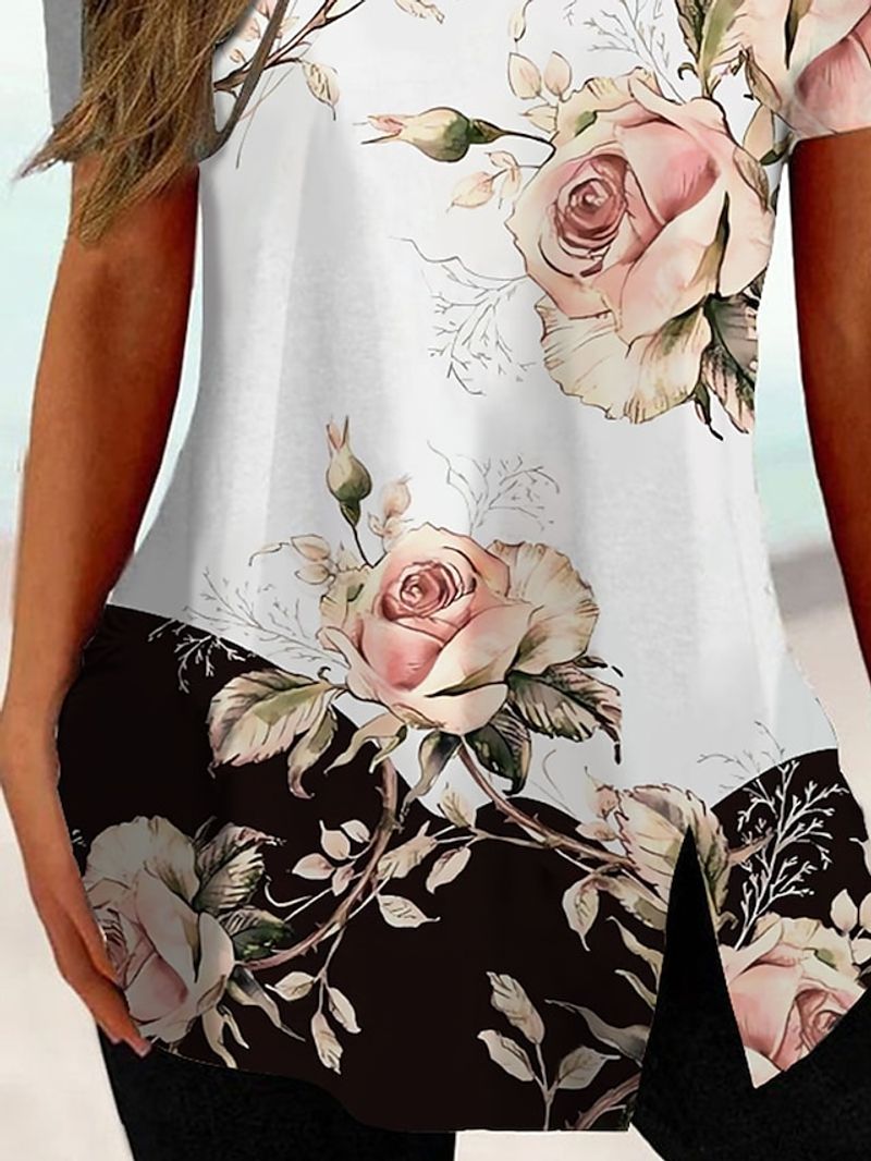Women's T shirt Tee Black White Pink Floral Striped Print Short Sleeve Casual Holiday Tunic Basic Square Neck Regular Floral Plus Size L