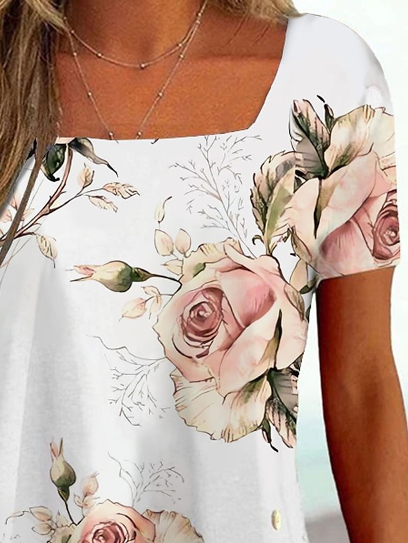 Women's T shirt Tee Black White Pink Floral Striped Print Short Sleeve Casual Holiday Tunic Basic Square Neck Regular Floral Plus Size L