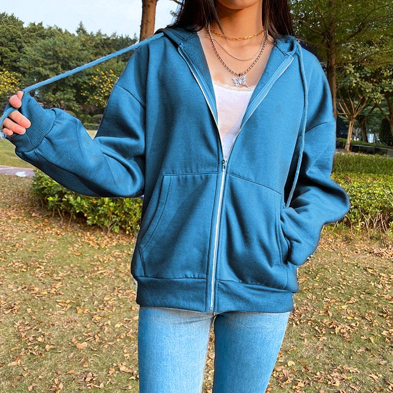 Casual Solid Color Hooded Zipper Hoodie