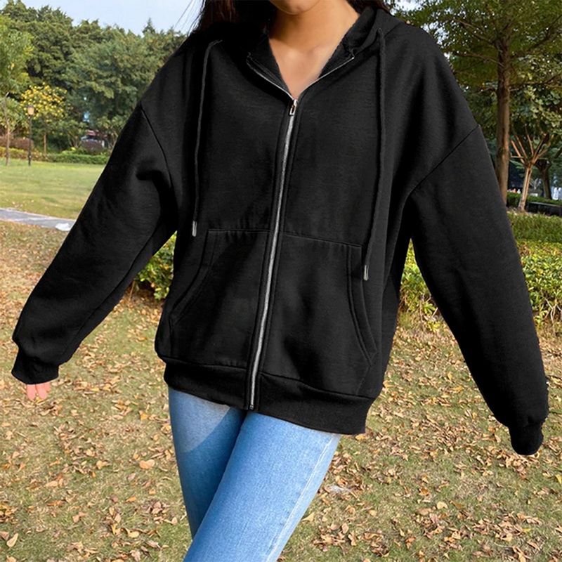Casual Solid Color Hooded Zipper Hoodie