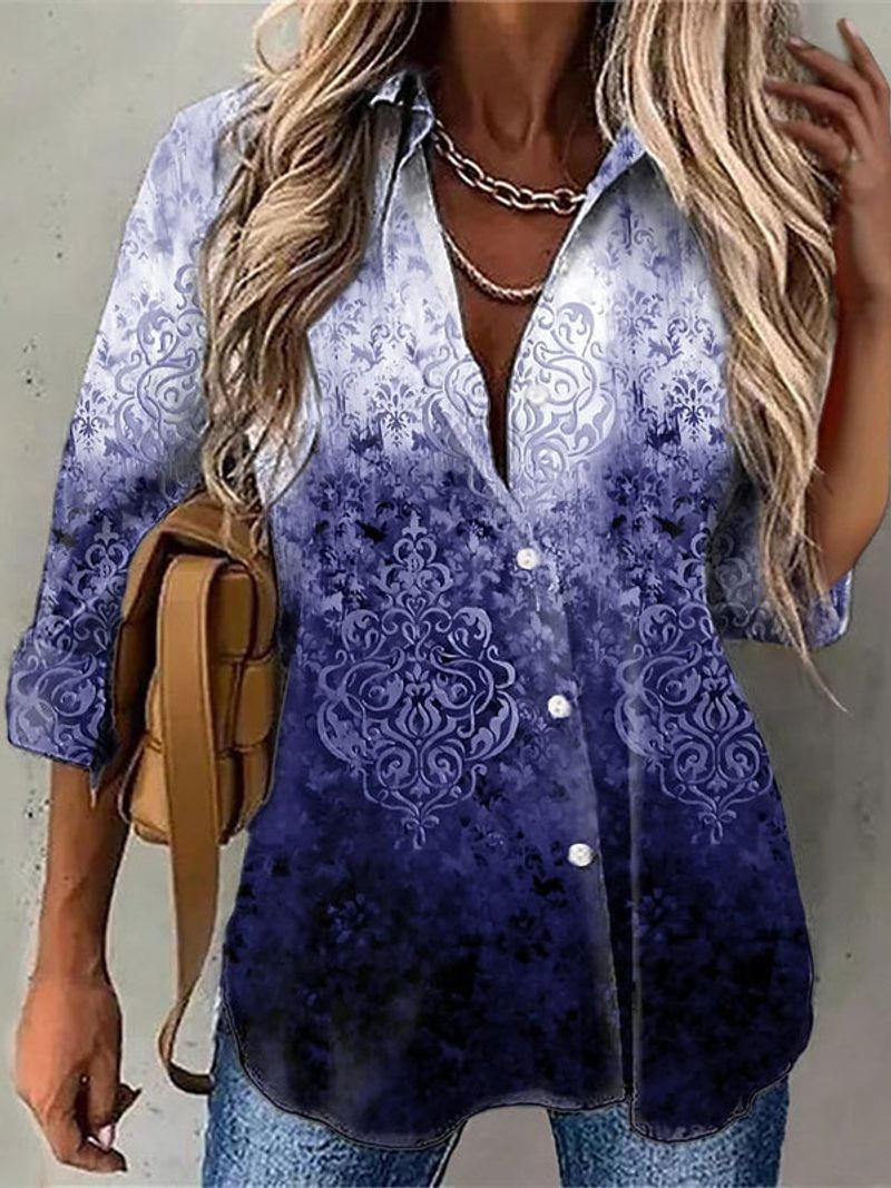 Women 3/4 Sleeve Shirt Collar Floral Printed Gradient Button Top Shirts
