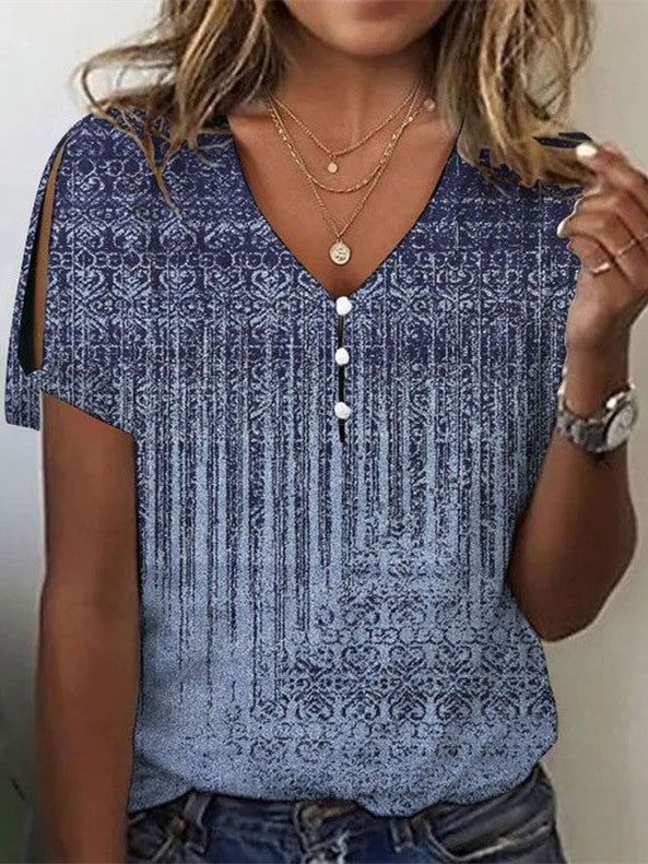 Women's Graphic Printed Hollow Short Sleeve V-neck Top