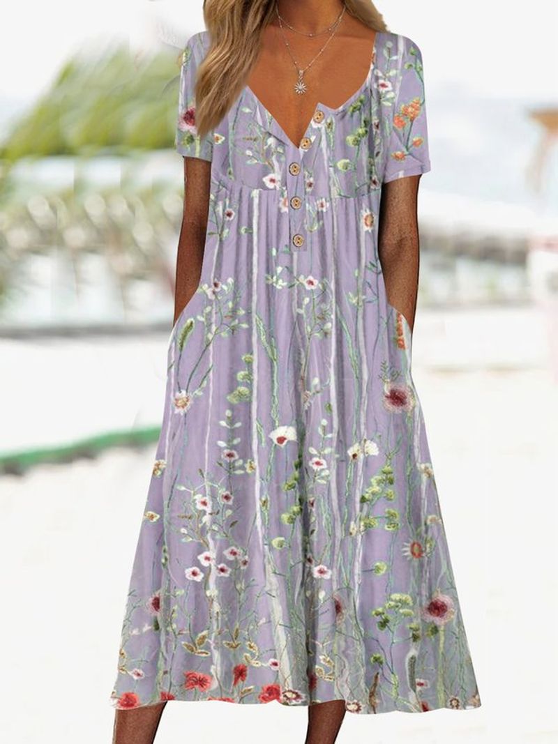 Gradient Flower Loose Long Dress Half Open Button Pocket Dress