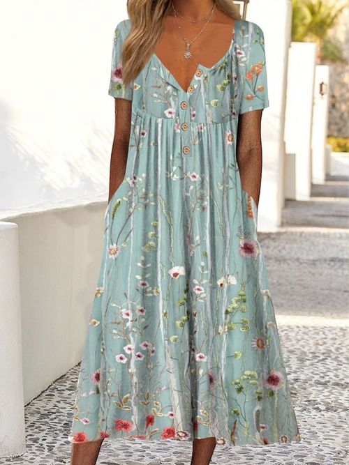 CahyGradient Flower Loose Long Dress Half Open Button Pocket Dress
