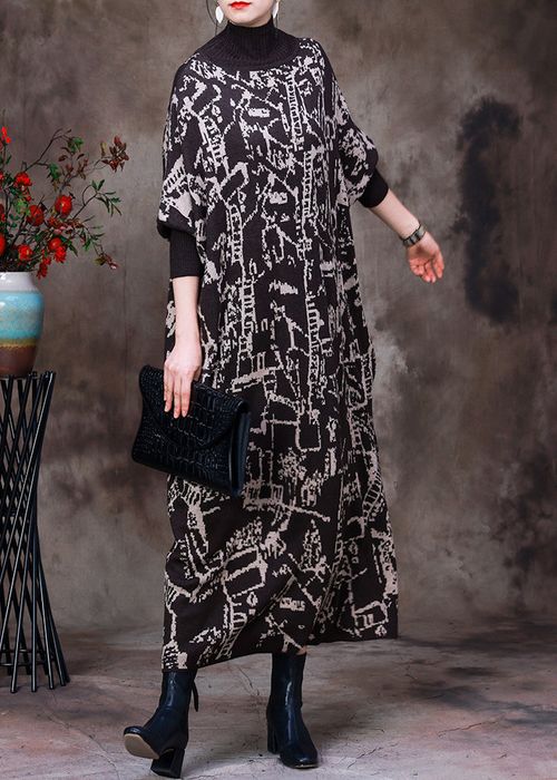 CahyBeautiful Black Turtleneck Print Knit Patchwork Long Dress Long Sleeve