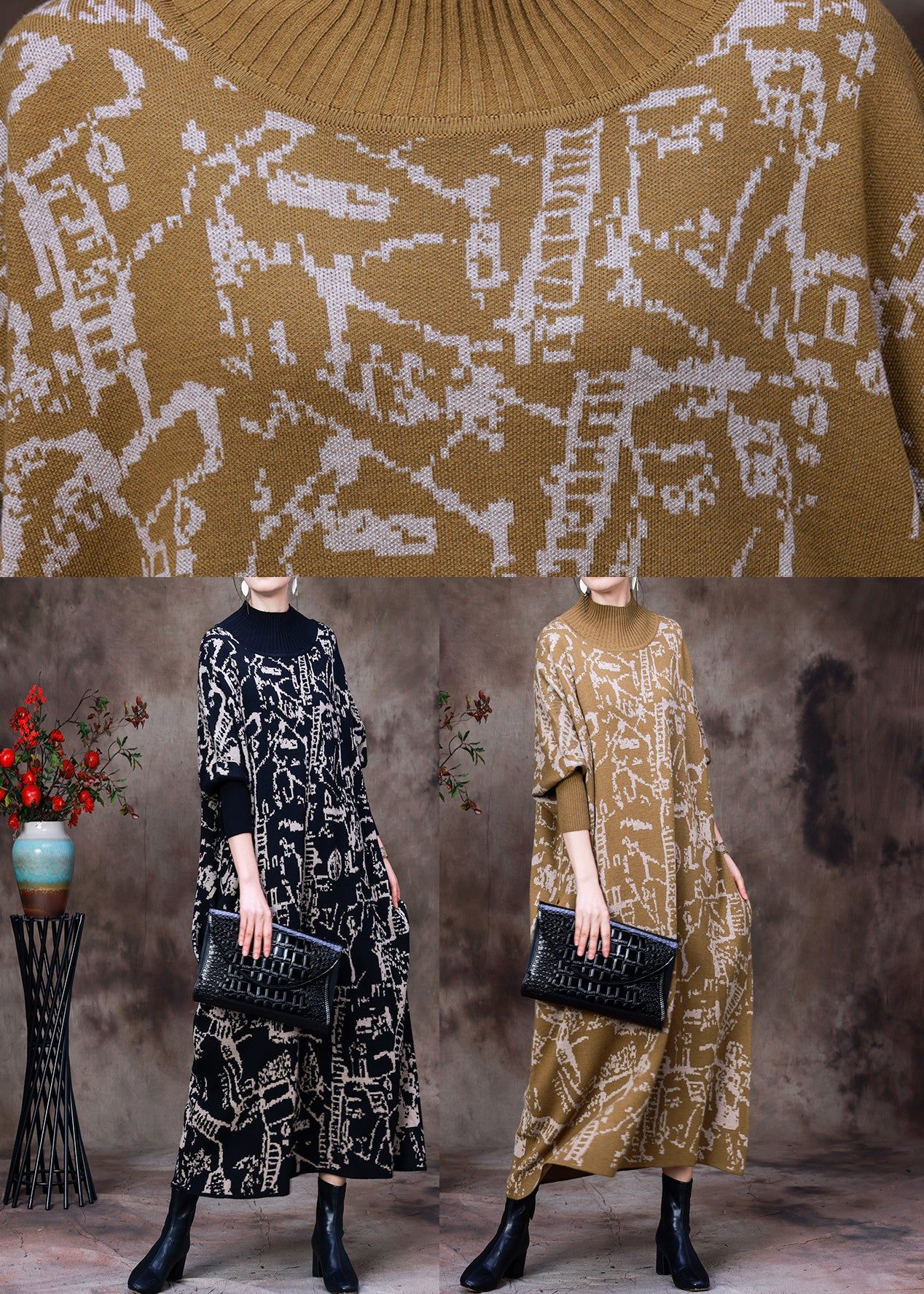 Beautiful  Black Turtleneck Print Knit Patchwork Long Dress Long Sleeve