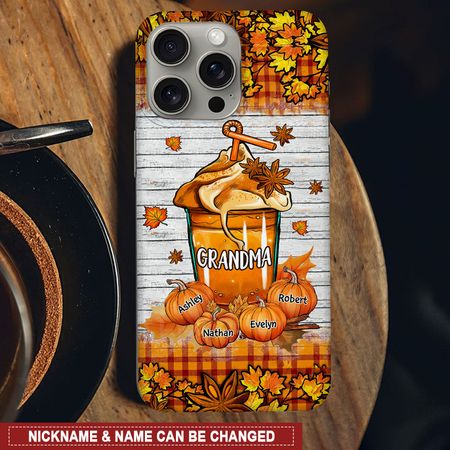 Grandma Mom Pumpkin Spice Latte Fall Season - Cross Leaves Pattern Personalized Phone Case NTK14AUG24NY2